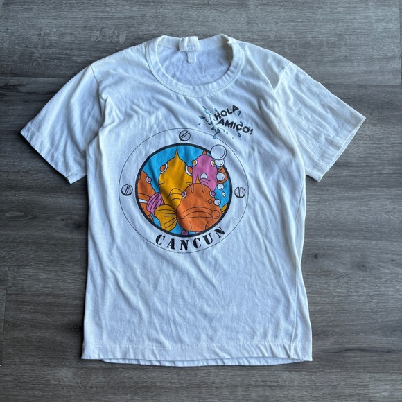Vintage 80s Cancun T-Shirt Hola Amigo Graphic Print Souvenir Tee‎ White - Picture 1 of 2